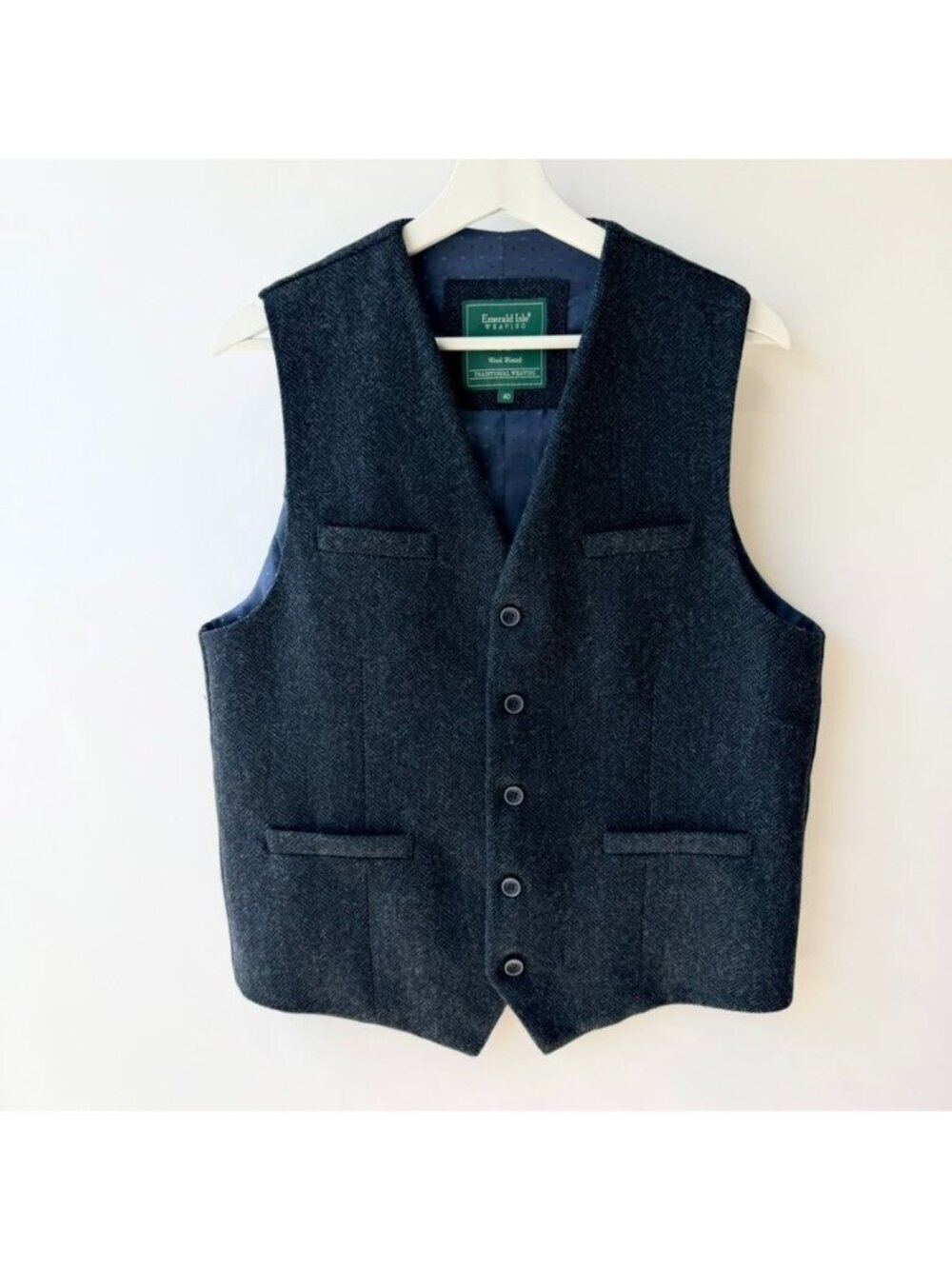 Emerald Isle Vest Men’s Size 40 Blue Herringbone Button Front Waistcoat C43